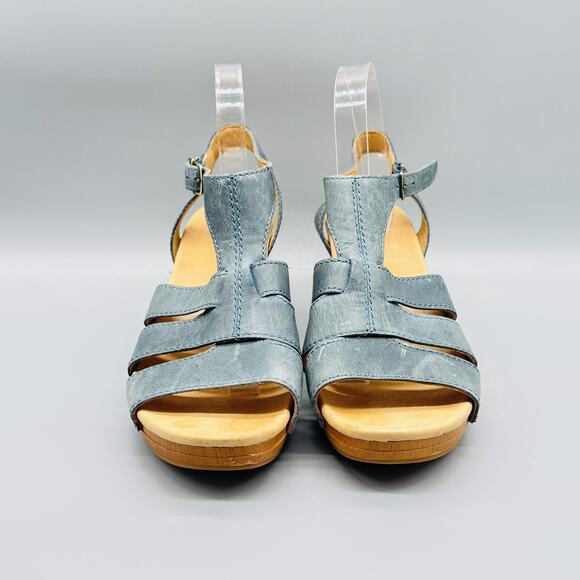 Dansko Shoes Womens 9.5 Blue Leather Sandals Trudy Wooden Wedge Ankle Strappy - Picture 3 of 11